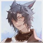  1boy absurdres animal_ears avatar_(ff14) black_hair border cat_ears commentary facial_mark final_fantasy final_fantasy_xiv green_eyes grey_border highres huizhoumao male_focus miqo&#039;te oar short_hair slit_pupils solo sunburst upper_body whisker_markings 