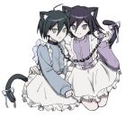  2boys ahoge animal_collar animal_ears apron black_hair cat_ears cat_tail chain chain_leash collar cropped_legs crossdressing danganronpa_(series) danganronpa_v3:_killing_harmony hair_between_eyes highres holding holding_chain jersey_maid leash long_sleeves maid medium_hair multiple_boys nene_(n_ene) oma_kokichi pink_ribbon pink_shirt ribbon saihara_shuichi shirt short_hair tail tail_ornament tail_ribbon unconventional_maid waist_apron 