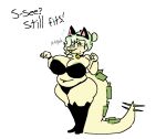 2024 4_fingers anthro areola areola_slip bell belly big_breasts big_tail black_bra black_clothing black_panties black_underwear blush bra breasts bulging_breasts cleavage cleavage_overflow clothed clothing curvy_figure dialogue digital_drawing_(artwork) digital_media_(artwork) dinosaur english_text eyelashes eyewear fake_ears female fingers freckled_breasts freckles glasses goodbye_volcano_high green_hair hair huge_thighs lingerie long_tail looking_at_viewer mature_anthro mature_female navel ornithischian overweight overweight_anthro overweight_female panties reptile scales scalie simple_background smile snoot_game snout solo spiked_tail spikes spikes_(anatomy) stegosaurian stegosaurus stella_(gvh_beta) tail text thick_thighs thyreophoran tongue tongue_out unclefruit underwear voluptuous white_background wide_hips yellow_body yellow_scales