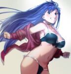  1girl aoba_(smartbeat) bangs bare_shoulders bikini black_bikini blue_eyes blush breasts choker cleavage collarbone cross cross_choker fate/grand_order fate_(series) grin highres jacket large_breasts long_hair long_sleeves looking_at_viewer martha_(fate) martha_(swimsuit_ruler)_(fate) martha_(swimsuit_ruler)_(second_ascension)_(fate) navel off_shoulder open_clothes open_jacket purple_hair red_jacket smile solo swimsuit 