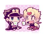  ^_^ belt black_coat black_hair black_headwear black_shirt blonde_hair blue_eyes border chibi chibi_only closed_eyes coat cup dio_brando earrings fang heart holding holding_cup jewelry jitome jojo_no_kimyou_na_bouken kotorai kujo_jotaro male_focus mug no_nose outline pink_outline purple_shirt red_belt shirt sideburns signature sitting steam white_border 