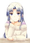  1girl asakura_ryouko blue_eyes blue_hair closed_mouth collarbone commentary_request hand_on_own_cheek hand_on_own_face inui_nagi long_hair long_sleeves parted_bangs smile solo suzumiya_haruhi_no_yuuutsu sweater white_sweater 