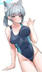  1girl animal_ear_fluff animal_ears arm_support bangs bare_arms bare_shoulders blue_archive blue_eyes blush breasts collarbone competition_swimsuit covered_navel cross_hair_ornament earrings extra_ears grey_hair groin hair_ornament hand_up highleg highleg_swimsuit jewelry large_breasts medium_hair mikan03_26 one-piece_swimsuit ponytail shiroko_(blue_archive) shiroko_(swimsuit)_(blue_archive) side_ponytail sidelocks simple_background sitting smile solo stud_earrings swimsuit thighs two-tone_swimsuit white_background 