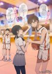  1boy 3girls ball basketball_(object) basketball_uniform black_hair black_pantyhose blurry blurry_background blush bottle bracelet breasts brown_eyes brown_hair closed_mouth collared_shirt commentary_request grey_skirt heart highres holding holding_ball holding_hands indoors jewelry long_hair low_twintails medium_breasts multiple_girls muromaki necktie open_mouth original pantyhose ponytail red_necktie school_uniform shirt short_hair short_sleeves shorts skirt sleeveless sleeveless_shirt small_breasts spoken_heart sportswear sweat sweatdrop teeth translation_request twintails twitter_username upper_teeth_only water_bottle white_shirt white_shorts wiping_sweat yuri 