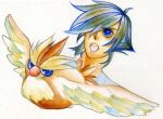  1boy blue_eyes blue_hair clothes commentary_request creature falkner_(pokemon) hair_over_one_eye highres ooo_(daihatisito) pidgey pokemon pokemon_(creature) pokemon_gsc pokemon_hgss traditional_media wings 