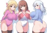  3girls amogan arm_behind_back blonde_hair blue_leotard blush bow breasts brown_eyes cleavage closed_mouth collarbone commentary_request commission covered_navel cowboy_shot girlfriend_(kari) hair_between_eyes hair_bow head_tilt highres leaning_forward leotard long_hair long_sleeves looking_at_viewer looking_to_the_side multiple_girls murakami_fumio pink_leotard pixiv_commission red_bow red_eyes red_leotard sasahara_nonoka shadow shiina_kokomi simple_background split_mouth standing sweatdrop thick_thighs thighhighs thighs white_background white_hair 