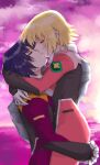  1boy 1girl a_ire arms_around_neck athrun_zala blonde_hair blue_hair cagalli_yula_athha closed_eyes couple gundam gundam_seed gundam_seed_freedom highres hug kiss lifting_person mutual_hug pilot_suit pink_sky short_hair sky sunset 