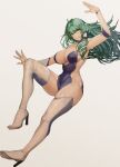  1girl black_leotard boots breasts cleavage commission detached_sleeves full_body green_hair grey_background hair_ornament hair_tubes highres kochiya_sanae large_breasts leotard long_hair simple_background snake_hair_ornament solo thigh_boots tomatolover16 touhou 