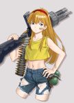  1girl aki_hiro bandaid bandaid_on_arm bandaid_on_cheek bandaid_on_face battle_mania blue_eyes blue_shorts bullet closed_mouth collarbone commentary_request crop_top cropped_legs denim denim_shorts explosive game_console grenade gun hand_on_hip long_hair machine_gun midriff navel ootorii_mania open_fly orange_hair red_hair sega_mega_drive shirt short_sleeves shorts sleeves_rolled_up solo torn_clothes torn_shorts trouble_shooter unbuttoned_shorts very_long_hair weapon yellow_shirt 