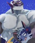  2boys anger_vein bahamut_(bahamunoaka9) bara blank_eyes character_request dog_boy frown furry furry_male headlock highres male_focus multiple_boys muscular muscular_male nervous_sweating nipples short_hair solo_focus strongman_waist sweat thick_eyebrows thick_neck tindalos_(housamo) tokyo_afterschool_summoners upper_body 