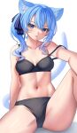  1girl absurdres animal_ear_fluff animal_ears aoi_zerii bare_shoulders black_bra black_panties blue_eyes blue_hair blush bra breasts cat_ears cat_girl cat_tail collarbone hair_between_eyes hair_ribbon highres hololive hoshimachi_suisei looking_at_viewer medium_breasts medium_hair navel open_mouth panties ribbon side_ponytail solo star_(symbol) star_in_eye symbol_in_eye tail underwear virtual_youtuber 