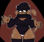 4_fingers absurd_res anthro bavnada beanie belly big_breasts black_clothing black_hat black_headwear black_legwear black_nose black_pawpads black_sweater black_thigh_highs black_topwear breasts brown_background brown_body brown_fur brown_hair cleavage cleavage_cutout clothed clothing curled_hair digital_media_(artwork) domestic_cat ear_piercing ear_ring eyelashes felid feline felis female fingers front_view fully_clothed fur gesture hair half-length_portrait hat headgear headwear hi_res legwear mammal panties pawpads piercing portrait raised_tail reese_(probablydemo) ring_piercing shrug simple_background slightly_chubby solo squish sweater tail thick_thighs thigh_highs thigh_squish topwear underwear white_clothing white_panties white_underwear wide_hips