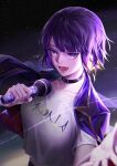  1girl absurdres bangs black_choker choker hand_up highres holding holding_microphone hololive hololive_indonesia jacket jacket_on_shoulders john053028 looking_at_viewer microphone moona_hoshinova open_mouth purple_eyes purple_hair purple_jacket shirt short_hair solo upper_body white_shirt 