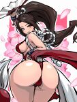  1girl absurdres ap_cammy ass breasts brown_hair cowboy_shot flower hand_fan hand_up high_ponytail highres holding holding_fan japanese_clothes kimono looking_at_viewer looking_back parted_bangs pelvic_curtain red_kimono shiranui_mai smile solo the_king_of_fighters thighs 