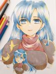  1girl art_tools_in_frame bird blue_eyes blue_hair caeda_(fire_emblem) chika_1 closed_mouth commentary_request eyelashes fire_emblem fire_emblem:_mystery_of_the_emblem hair_between_eyes long_hair looking_at_viewer multiple_views open_mouth photo_(medium) smile traditional_media upper_body white_background 