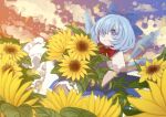  1girl absurdres blue_dress blue_eyes blue_hair bow bowtie cirno closed_mouth detached_wings dress field flower flower_field frilled_dress frills hair_bow highres leaf light_smile looking_at_viewer outdoors pinafore_dress puffy_short_sleeves puffy_sleeves red_bow red_bowtie shirt shocho_(shaojiujiu) short_sleeves sleeveless sleeveless_dress solo sunflower sunflower_field touhou white_shirt wings yellow_flower 