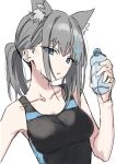  1girl absurdres animal_ear_fluff animal_ears bangs bare_arms bare_shoulders black_swimsuit blue_archive blue_eyes bottle breasts collarbone covered_collarbone earrings eyes_visible_through_hair grey_hair hair_between_eyes hand_up highres holding holding_bottle jewelry looking_at_viewer low_ponytail medium_breasts mismatched_pupils one-piece_swimsuit parted_lips ponytail shiroko_(blue_archive) sidelocks simple_background sketch solo stud_earrings swimsuit syhan water_bottle white_background 