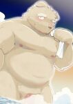 2024 absurd_res allstatus3 anthro belly blush brown_body canid canine canis domestic_dog genitals hi_res kemono male mammal moobs nipples overweight overweight_male penis solo steam towel towel_on_shoulder water