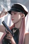  1girl aegyo_sal asian black_eyes black_headwear black_nails black_shirt earrings expressionless eyeshadow glitter glitter_makeup gun hair_behind_ear halter_shirt halterneck hand_on_headwear handgun highres holding holding_gun holding_weapon itzy jewelry k-pop kc_de_xiesheng_bu long_hair makeup mole mole_under_eye pink_eyeshadow pink_hair pink_lips real_life realistic ryujin_(itzy) shirt smoke smoking_gun solo weapon 