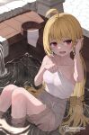  1girl ahoge blonde_hair bucket commentary_request commission copyright_request highres kurone_(kurone_ryuo) long_hair looking_at_viewer low_twintails naked_towel onsen open_mouth partially_submerged red_eyes sitting thighs towel twintails water 