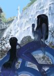  2girls arm_at_side ayana_(tannsann) black_hair blue_theme breasts chinese_zodiac day dragon eastern_dragon facing_away facing_to_the_side fins hand_up highres long_hair lying mermaid monster_girl multiple_girls nature nude on_stomach original sitting sky very_long_hair water waterfall year_of_the_dragon 