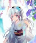  1girl bangs blue_eyes blue_flower blue_rose blurry blurry_foreground closed_mouth commentary_request depth_of_field flower genshin_impact grey_background grey_hair grey_kimono hair_flower hair_ornament hand_up holding japanese_clothes kamisato_ayaka kimono long_hair long_sleeves obi ponytail purple_flower rose sash shirogane_hina smile solo very_long_hair wide_sleeves wind_chime 