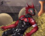 absurd_res anthro clothed clothing fur glowing glowing_eyes gold_(metal) hi_res inside latex latex_clothing looking_at_viewer machine male muscular protogen rasis red_body red_fur simple_background smile solo stargate teremunart