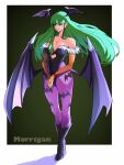  1girl absurdres animal_print ap_cammy bare_shoulders bat_print black_footwear black_leotard blunt_bangs boots character_name clothing_cutout full_body green_hair head_wings heart_cutout highres leotard long_hair morrigan_aensland pantyhose print_pantyhose purple_pantyhose smile solo strapless strapless_leotard vampire_(game) wings 