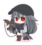  1girl bangs banned_artist black_gloves black_headwear black_jacket blush_stickers boots brown_footwear chibi colored_shadow commentary_request copyright_request flat_cap from_side full_body gloves grey_hair grey_shorts gun hair_between_eyes hat holding holding_gun holding_weapon inunoko. jacket knee_boots kneehighs long_sleeves one_knee outline pink_outline red_eyes shadow short_shorts shorts simple_background sleeveless sleeveless_jacket socks solo trigger_discipline weapon weapon_request white_background 