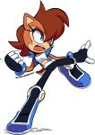  1girl alternate_costume animal_ears artist_name black_pants blue_eyes blue_jacket boots brown_hair crop_top drawloverlala gloves highres jacket midriff open_mouth pants redesign sally_acorn short_hair solo sonic_(series) sonic_the_hedgehog_(archie_comics) tail teeth white_background 