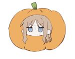  1girl bang_dream! bang_dream!_it&#039;s_mygo!!!!! blue_eyes brown_hair jitome long_hair looking_at_viewer nagasaki_soyo pann_(1202zzzx00) pumpkin pumpkin_costume sidelocks simple_background solo sweatdrop white_background 