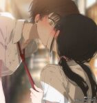  2girls black_hair blush brown_eyes brown_hair collared_shirt commentary_request dress_shirt ear_blush kiss long_hair low_twintails multiple_girls muromaki necktie necktie_grab neckwear_grab original red_necktie shirt sweat twintails twitter_username upper_body white_shirt yuri 