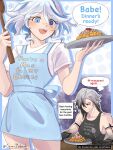  2girls :d apron arlecchino_(genshin_impact) arm_tattoo black_hair black_tank_top blue_apron blue_eyes blue_hair cesar_zebrah clothes_writing commentary furina_(genshin_impact) genshin_impact grey_hair highres holding holding_plate multicolored_hair multiple_girls open_mouth plate shirt short_hair smile speech_bubble streaked_hair tank_top tattoo thought_bubble upper_body white_hair white_shirt 