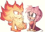  1boy 1girl absurdres amy_rose bz_shawn clenched_hand commentary dress english_commentary fire furry furry_female furry_male green_eyes grey_background highres looking_at_another open_mouth red_dress shadow_the_hedgehog simple_background sonic_(series) super_shadow upper_body 