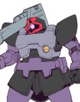  ajitarou_(setsu) armor bazooka_(gundam) clenched_hand commentary_request cowboy_shot dom_(mobile_suit) glowing glowing_eye gun gundam holding holding_gun holding_weapon looking_ahead mecha_focus mobile_suit mobile_suit_gundam no_humans one-eyed pink_eyes purple_armor science_fiction shoulder_cannon simple_background weapon white_background zeon 