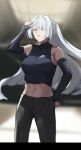 1girl ak-15_(girls&#039;_frontline) bangs black_pants black_tank_top blue_gloves blurry blurry_background braid breasts closed_mouth crop_top elbow_gloves feet_out_of_frame french_braid girls&#039;_frontline gloves grey_hair hair_between_eyes hair_over_one_eye hand_on_hip highres long_hair looking_at_viewer medium_breasts navel pants purple_eyes solo standing tactical_clothes tank_top yotsuyama_(yomo8ama) 