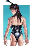  1boy alternate_costume animal_ears arm_tattoo ass back black_eyes black_hair black_leotard blue_background blush chinese_commentary closed_mouth commentary_request cowboy_shot fake_animal_ears fake_tail from_behind frown highres itou_kaiji kaiji leotard long_hair looking_at_viewer looking_back male_focus male_playboy_bunny medium_bangs number_tattoo playboy_bunny rabbit_ears rabbit_tail scar scar_on_cheek scar_on_face simple_background solo strapless strapless_leotard tail tattoo two-tone_background white_background zhaiju2 