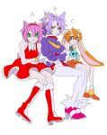  3girls amy_rose animal_ears blaze_the_cat brown_eyes cat_ears cheese_(sonic) cream_the_rabbit crossed_arms dress forehead_jewel gloves green_eyes hedgehog_ears highres humanization looking_at_viewer multiple_girls orange_dress pants rabbit_ears red_dress simple_background sonic_(series) white_background white_gloves white_pants yamimatsu7 yellow_eyes 