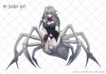  1girl arachne arthropod_girl awee bangs between_legs black_panties black_shirt blush bow breasts cleavage cleavage_cutout clothing_cutout colored_skin drill_hair glasses grey_hair grey_skin hand_between_legs highres long_hair looking_at_viewer monster_girl original panties red_bow red_eyes round_eyewear shirt solo spider_girl taur underwear very_long_hair wrist_cuffs 