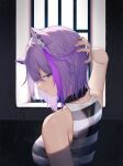  1girl absurdres animal_ear_fluff animal_ears arm_behind_head arm_up bare_arms bare_shoulders black_choker breasts cat_ears choker ear_piercing from_side hand_on_own_head highres hololive horizontal_stripes medium_breasts multicolored_hair nekomata_okayu parted_lips piercing purple_eyes purple_hair purple_nails shirt short_hair sideways_glance sleeveless sleeveless_shirt solo stoner08 streaked_hair striped striped_shirt tank_top upper_body virtual_youtuber 