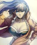  1girl aoba_(smartbeat) bangs bikini black_bikini blue_eyes breasts choker cleavage collarbone cross cross_choker fate/grand_order fate_(series) jacket large_breasts long_hair long_sleeves looking_at_viewer martha_(fate) martha_(swimsuit_ruler)_(fate) martha_(swimsuit_ruler)_(second_ascension)_(fate) open_clothes open_jacket purple_hair red_jacket sketch solo swimsuit 