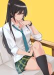  black_hair breasts cleavage crossed_legs goshiki_suzu hair_between_eyes high_ponytail highres idolmaster idolmaster_shiny_colors jewelry long_hair looking_at_viewer medium_breasts necktie ponytail school_uniform shirase_sakuya shirt sitting smile solo thighs white_shirt yellow_eyes 