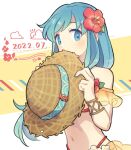  1girl aqua_eyes aqua_hair bangs bare_shoulders bikini bracelet brown_headwear covering_mouth dated eirika_(fire_emblem) fire_emblem fire_emblem:_the_sacred_stones fire_emblem_heroes flower haconeri hair_flower hair_ornament hat holding holding_clothes holding_hat jewelry long_hair looking_at_viewer navel official_alternate_costume solo sun_hat swimsuit upper_body 