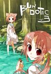  2girls ahoge animal_ears blush bunbun cat_ears comiket_73 cover cover_page doujin_cover dress forest holding holding_clothes horiguchi_yukiko looking_at_viewer looking_back multiple_girls nature original pink_hair red_eyes ribbon smile tail water white_dress 