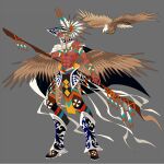  1boy animal arm_wrap armor bird bird_wings black_cape blue_pupils boots brown_hair brown_wings cape covered_mouth dark-skinned_male dark_skin eagle eda feathered_wings full_body grey_background hand_on_own_shoulder hand_up holding holding_staff leg_armor looking_at_viewer male_focus native_american original scar scar_on_arm scar_on_chest scar_on_face scar_on_nose sidelocks solo staff standing two-sided_fabric visor white_cape wings yellow_eyes 