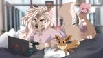  16:9 4_toes anthro blep blurred_background bottomless brown_body brown_ears brown_eyes brown_fur brown_nose butt canid cheek_tuft chest_tuft clothed clothing computer controller facial_tuft feet female fur hair holding_controller holding_object laptop lying mammal nintendo on_front partially_clothed pawpads pink_inner_ear pink_pawpads plushie pok&eacute;mon princelykaden solo tan_body tan_fur tan_hair tan_inner_ear tan_tail three-quarter_view toes tongue tongue_out tuft video_games widescreen 