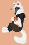 &lt;3 alleycat8706_(artist) anthro arm_wraps canid canine canis cheek_tuft clothing curled_tail death_(puss_in_boots) domestic_cat dreamworks duo eyes_closed facial_markings facial_tuft felid feline felis fluffy fluffy_tail fur fuzzy head_markings head_tuft holding_another holding_partner hood leg_wrap leg_wraps looking_at_another looking_at_partner male male/male mammal markings mask_(marking) neck_tuft on_lap orange_body orange_fur petting petting_head poncho puss_in_boots_(character) puss_in_boots_(dreamworks) sitting size_difference striped_body striped_markings stripes tabby_cat tail tuft white_body white_fur wolf wrapped_arms wraps