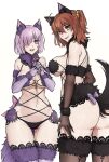  13addendum 2girls ahoge animal_ears ass bare_shoulders black_panties bow breasts brown_gloves brown_thighhighs cleavage elbow_gloves fate/grand_order fate_(series) fujimaru_ritsuka_(female) fur-trimmed_gloves fur-trimmed_legwear fur_collar fur_trim gloves grin hair_over_one_eye highres lace-trimmed_legwear lace_trim large_breasts looking_at_viewer looking_back mash_kyrielight mash_kyrielight_(dangerous_beast) multiple_girls navel o-ring one_side_up open_mouth orange_eyes orange_hair panties purple_eyes purple_gloves purple_hair purple_thighhighs revealing_clothes short_hair smile tail thighhighs thighs underwear wolf_ears wolf_tail 