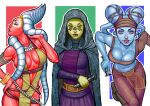  3girls aayla_secura alien barriss_offee blue_skin breasts brown_pants brown_shirt cleavage cloak closed_eyes colored_skin crop_top energy_sword green_skin grey_cloak holding_lightsaber hood hooded_cloak kachakacha large_breasts lekku_(anatomy) lightsaber looking_at_viewer looking_to_the_side mirialan multiple_girls pants purple_shirt purple_skirt red_skin shaak_ti shirt skirt star_wars sword togruta twi&#039;lek weapon 