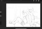 anthro art_program_in_frame bed bottomwear canid canine canis chinese_text clothing duo facial_markings furniture hand_under_shirt head_markings hi_res itooku itooku_(character) male male/male mammal markings on_bed shirt shorts sitting sitting_on_bed sketch slim_anthro slim_male speech_bubble text topwear wolf